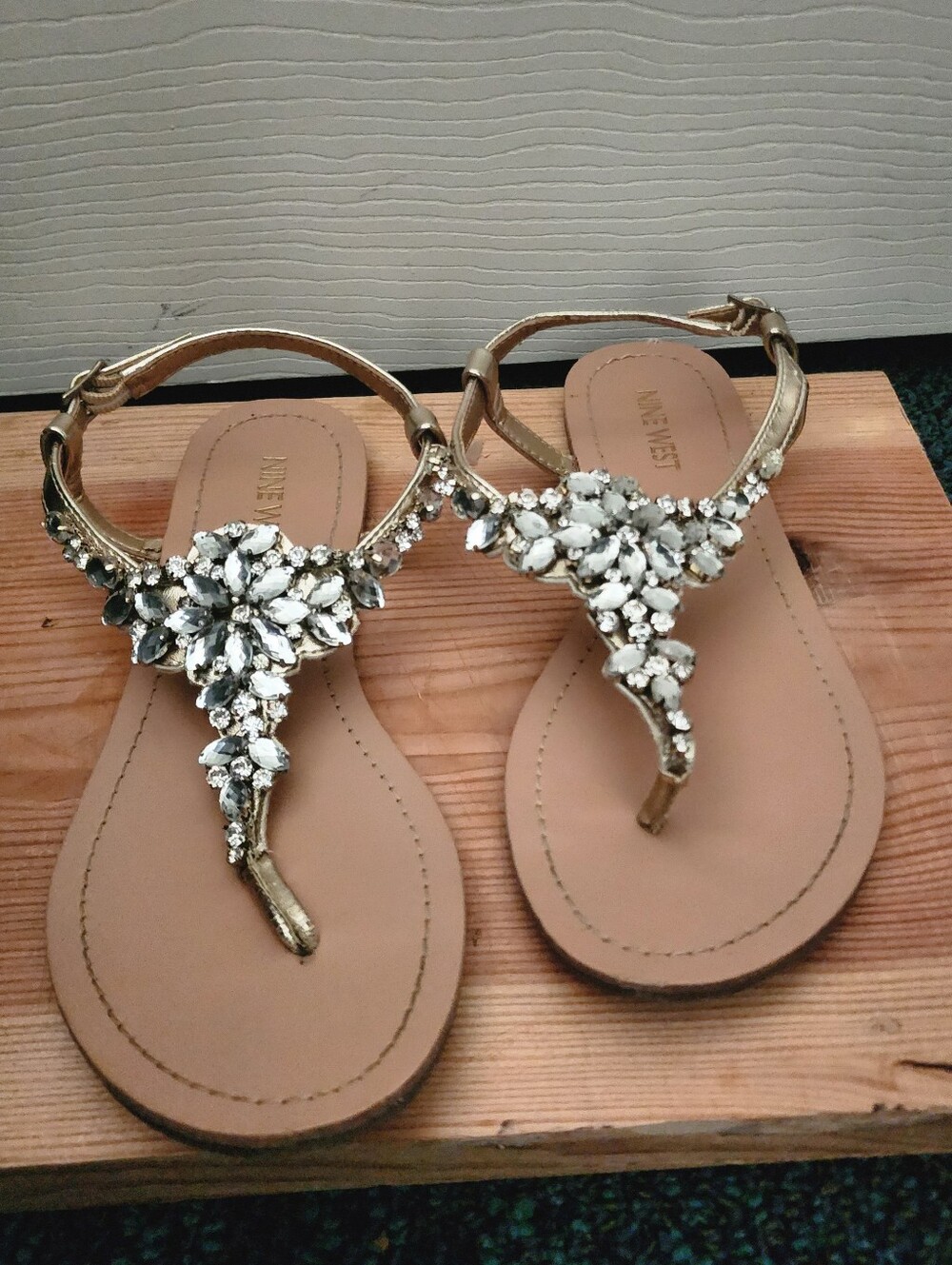 Embellished Gold T-Strap Sandals - Women